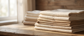 Neatly folded organic cotton bedding stacked on a wooden surface in soft light